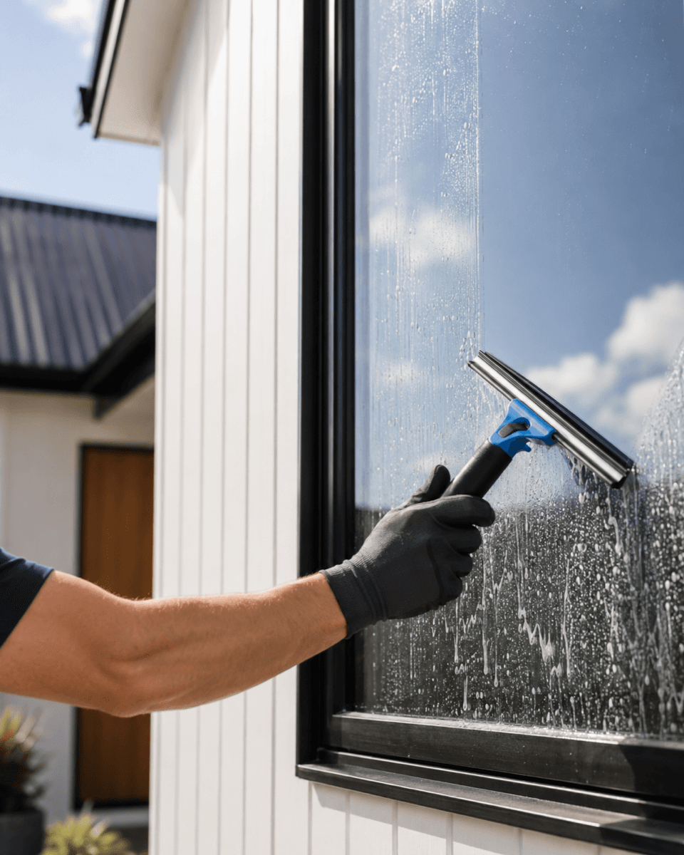 A professional cleaning exterior windows and verifying the result